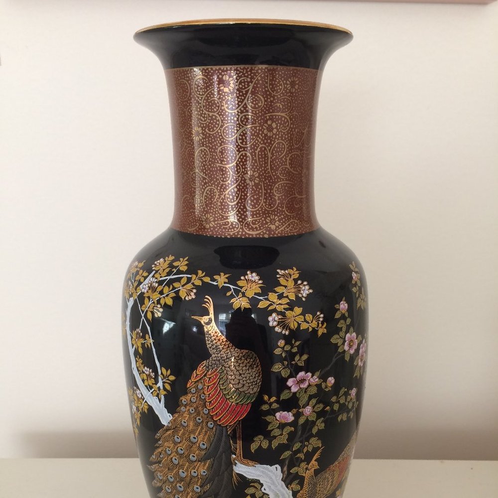 Japanese Hand Painted Vase 14” By MCI Japan Floral / Peacock Made In Japan